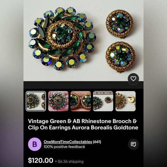 1950’s Green Aurora Borealis Gold Tone Brooch & Clip-on Earrings Set - Picture 9 of 9